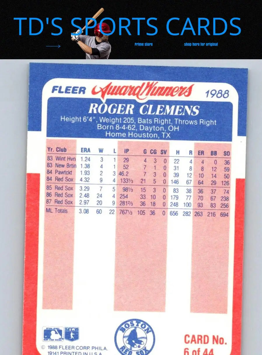 Roger Clemens baseball card from Fleer Award Winners 1988 Fleer Award collection