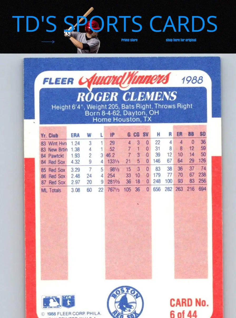 Roger Clemens baseball card from 1988 Fleer Award Winners collection