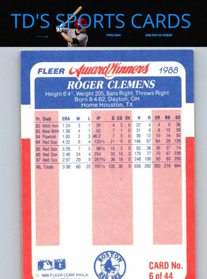 Roger Clemens baseball card from 1988 Fleer Award Winners collection