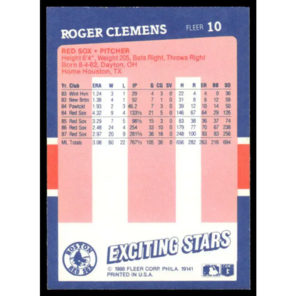1988 Fleer Exciting Stars #10 Roger Clemens EX/NM Boston Red Sox Baseball Card