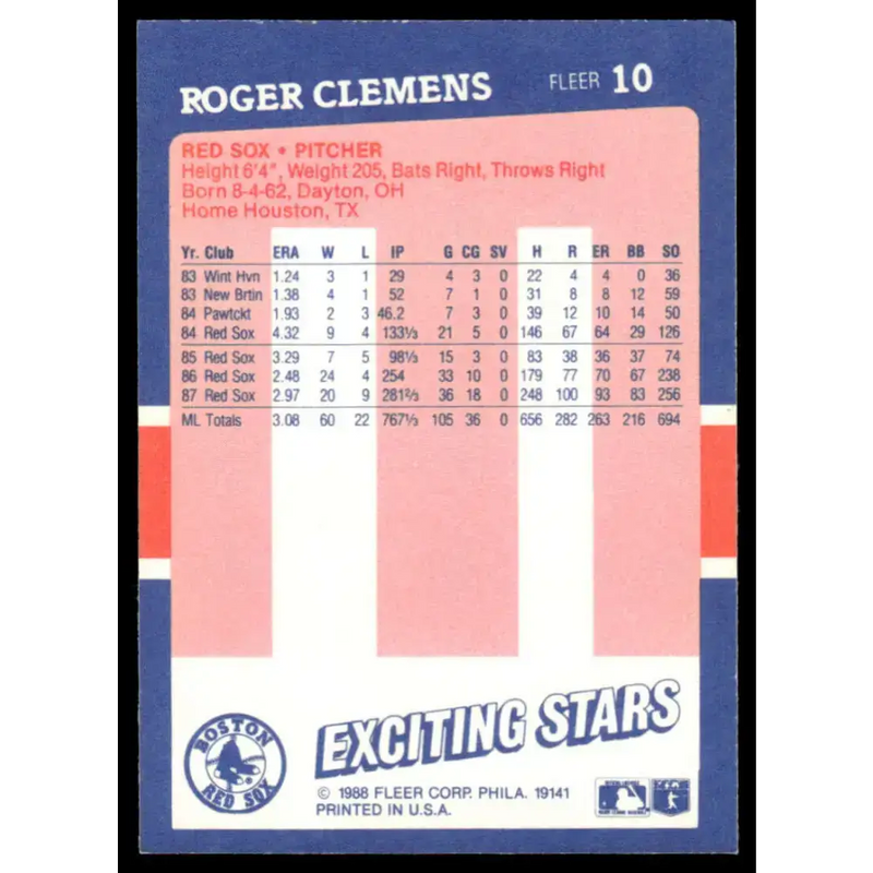 1988 Fleer Exciting Stars #10 Roger Clemens EX/NM Boston Red Sox Baseball Card - Baseball Card Single
