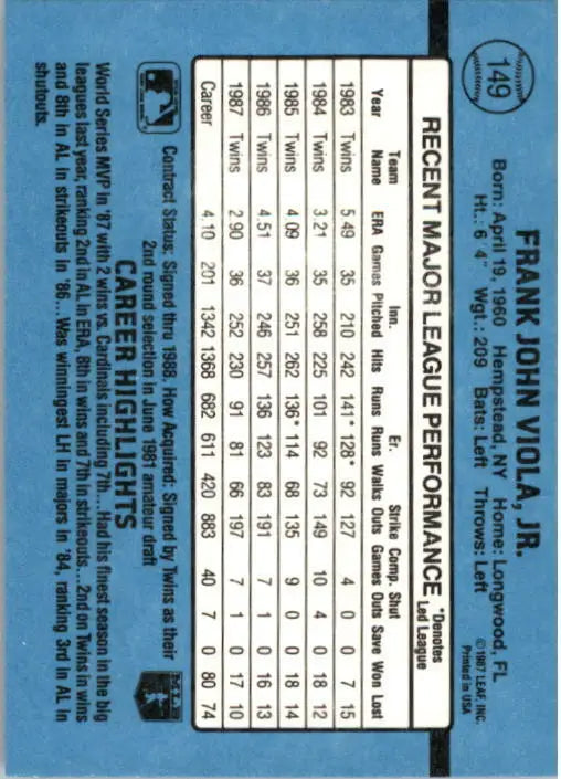 1988 Frank Viola Donruss Baseball Card #149 - Baseball Card Single