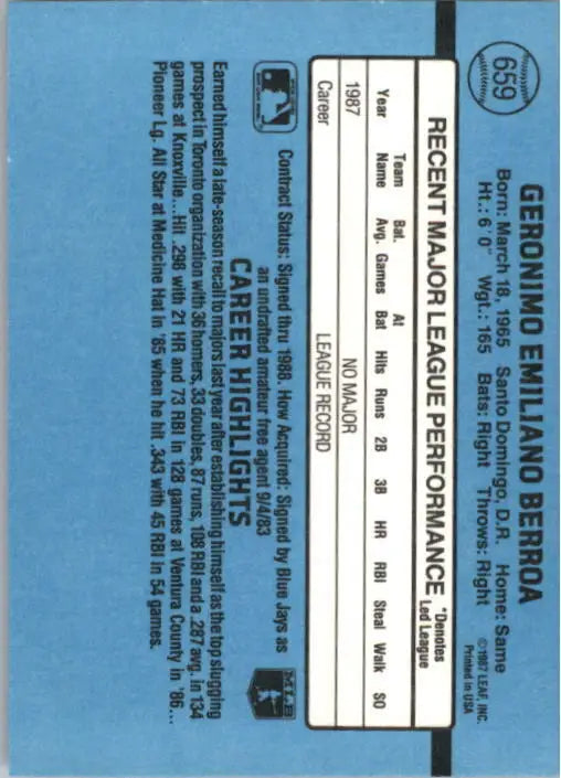 1988 Geronimo Berroa Donruss Baseball Card #659 - Baseball Card Single