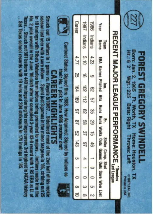 1988 Greg Swindell Donruss Baseball Card #227 - Baseball Card Single