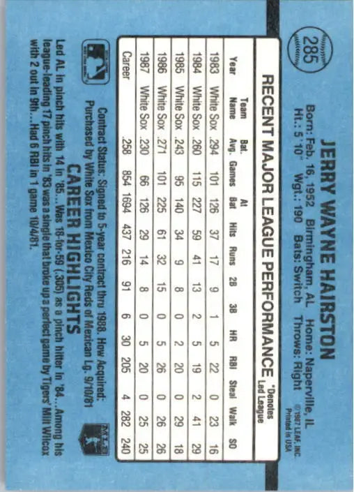 1988 Jerry Hairston Donruss Baseball Card #285