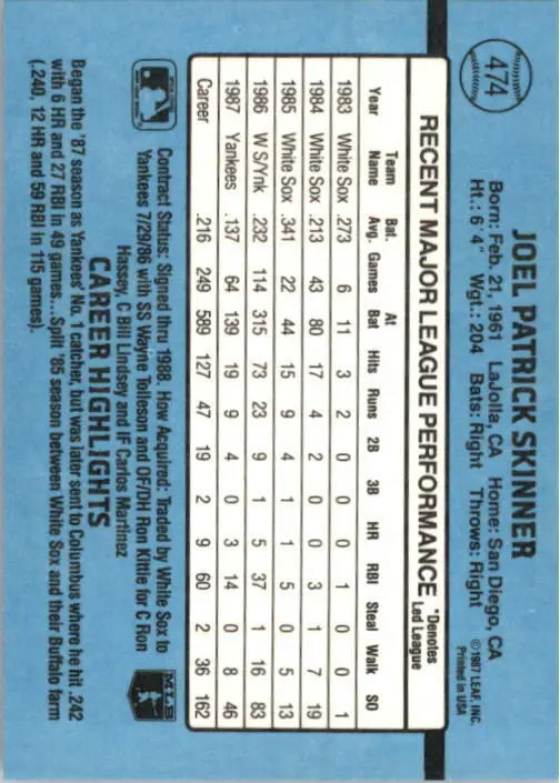 1988 Joel Skinner Donruss Baseball Card #474 - Baseball Card Single
