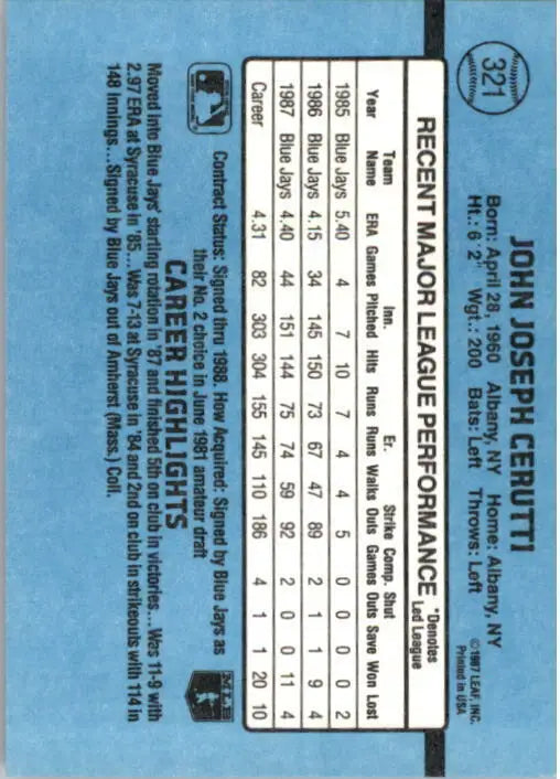 1988 John Cerutti Donruss Baseball Card #321