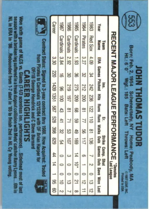 1988 John Tudor Donruss Baseball Card #553 - Baseball Card Single