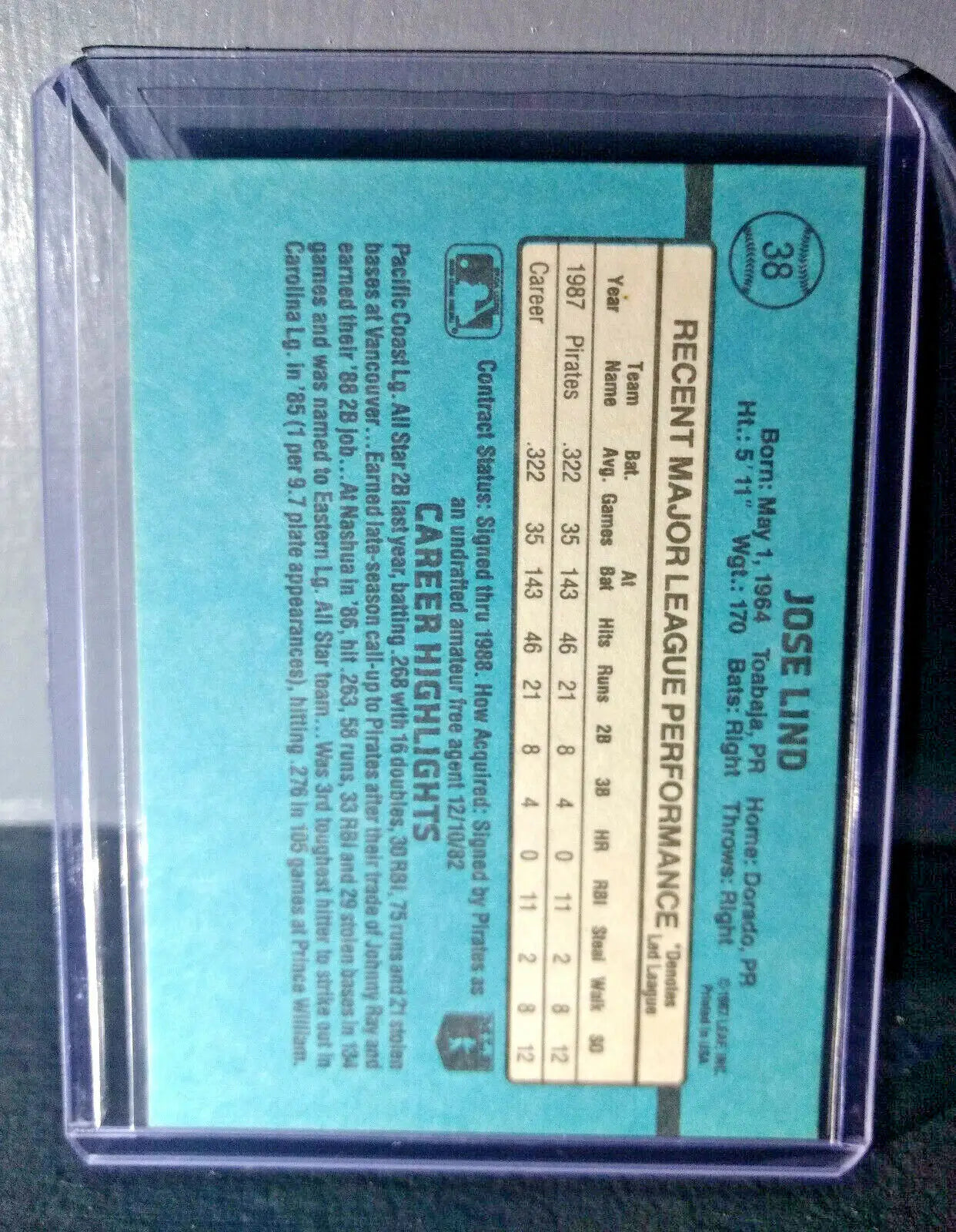 1988 Jose Lind Donruss Rated Rookie #38 Baseball Card - Baseball Card Single