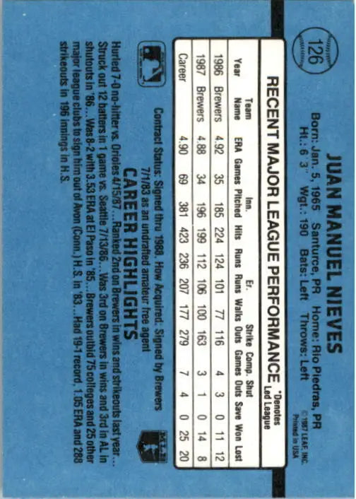 1988 Juan Nieves Donruss Baseball Card #126 - Baseball Card Single