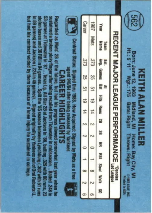 1988 Keith Miller Donruss Baseball Card #562 - Baseball Card Single
