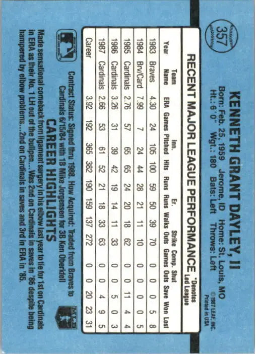 1988 Ken Dayley Donruss Baseball Card #357 - Baseball Card Single