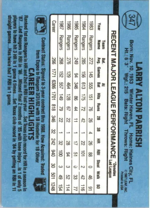 1988 Larry Parrish Donruss Baseball Card #347 - Baseball Card Single