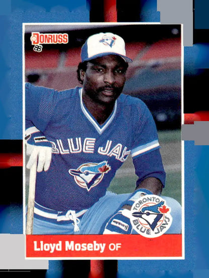 Vintage Lloyd Moseby baseball card from 1988 Leaf #140 featuring Toronto Blue Jays player
