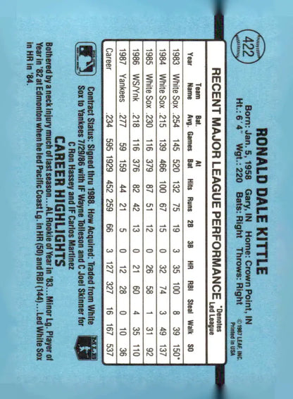 Ron Kittle baseball card 1988 Leaf #251 featuring Ronald Dale Kittle collectible