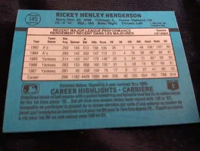 1988 Leaf Canadian - Rickey Henderson #145. NY Yankees. NRMT+ - Baseball Card Single
