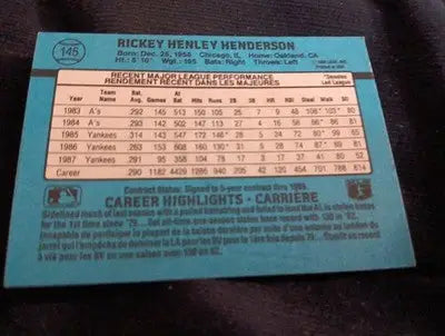 1988 Leaf Canadian - Rickey Henderson #145. NY Yankees. NRMT+ - Baseball Card Single