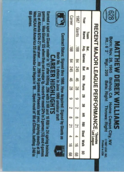 1988 Matt Williams Donruss Baseball Card #628 - Baseball Card Single