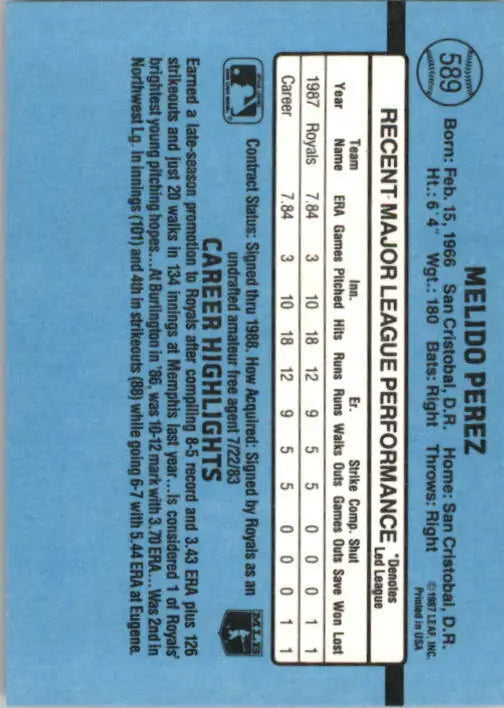 1988 Melido Perez Donruss Baseball Card #589