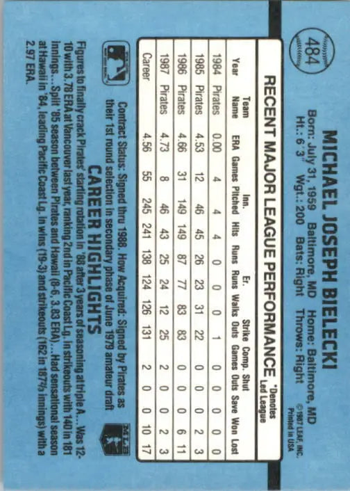 1988 Mike Bielecki Donruss Baseball Card #484