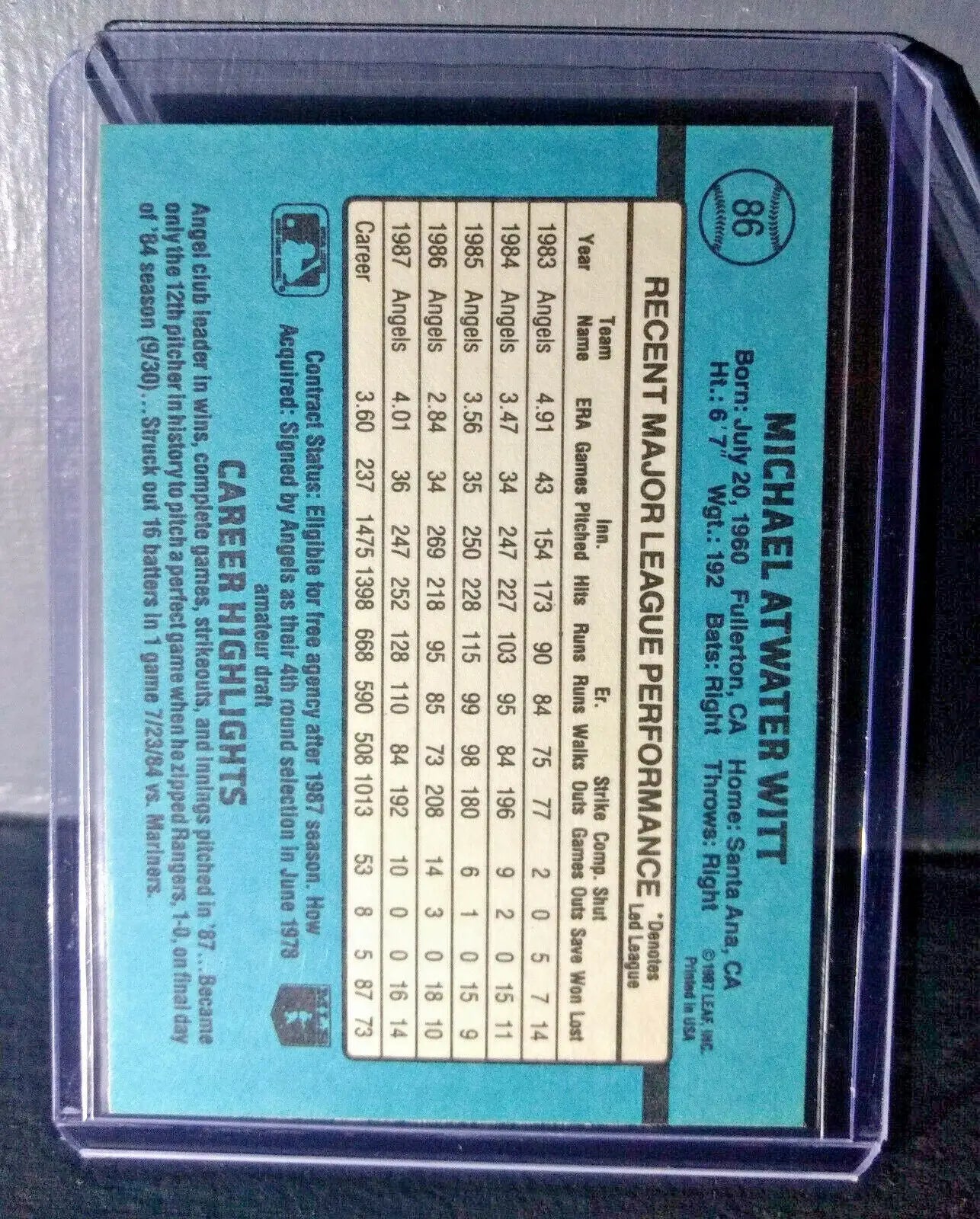 1988 Mike Witt Donruss #86 Baseball Card - Baseball Card Single