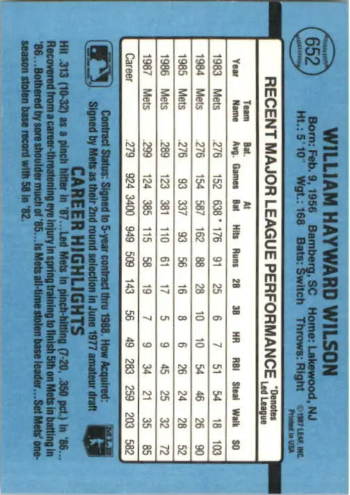 1988 Mookie Wilson Donruss Baseball Card #652