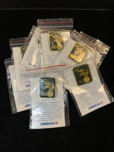 Unocal pin collection featuring 1988 Oakland Athletics lapel pins in plastic bags
