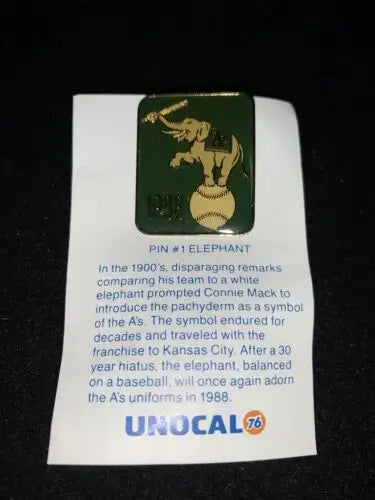 Oakland Athletics lapel pin on card featuring Unocal #1 Elephant Stomper design