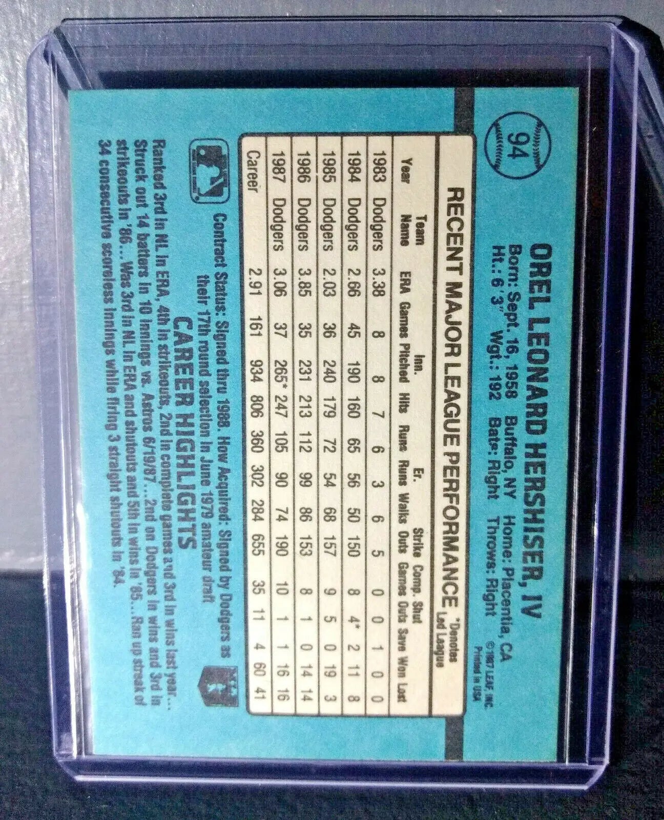 1988 Orel Hershiser Donruss #94 Baseball Card - Baseball Card Single