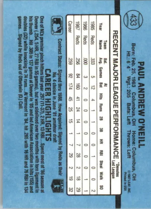 1988 Paul O’Neill Donruss Baseball Card #433