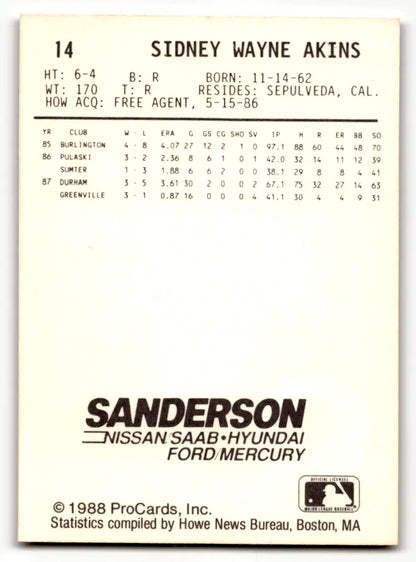 Baseball card back from 1988 ProCards Richmond Braves Sid Akins Sepulveda California