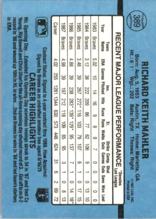 1988 Rick Mahler Donruss Baseball Card #389 - Baseball Card Single