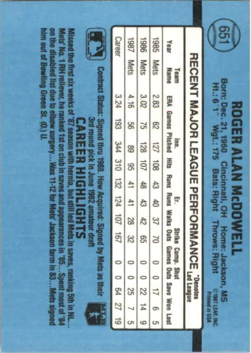 1988 Roger McDowell Donruss Baseball Card #651