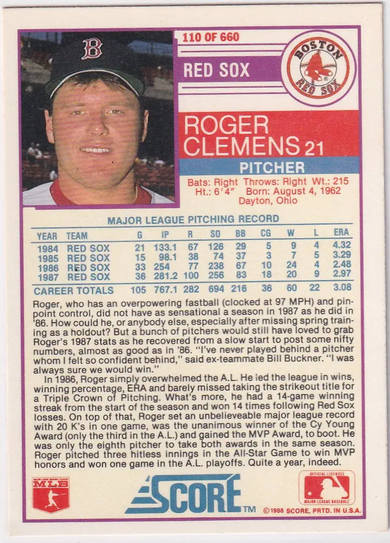 1988 SCORE #110 ROGER CLEMENS PURPLE- BOSTON RED SOX