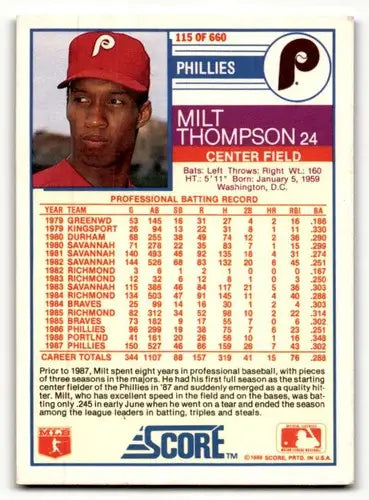 Original gloss Milt Thompson Philadelphia Phillies baseball card from 1988 Score series