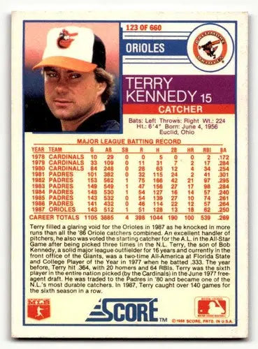 1988 Score #123 Terry Kennedy Baltimore Orioles Baseball Cards EX/NM ID:58466 - Baseball Card Single