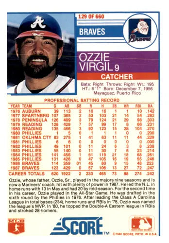 1988 Score #129 Ozzie Virgil EX/NM Braves ID:66727 - Baseball Card Single