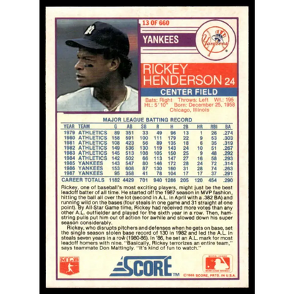 1988 Score #13 Rickey Henderson VG/EX New York Yankees Baseball Card