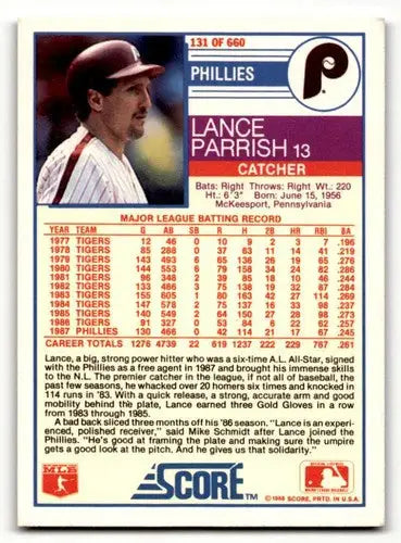 Original gloss Lance Parrish Phillies baseball card from 1988 Score series