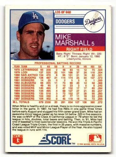 Original gloss 1988 Score Mike Marshall Los Angeles Dodgers baseball card