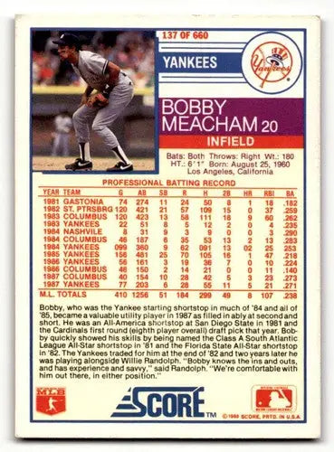 Original gloss Bobby Meacham Yankees baseball card from 1988 Score #137