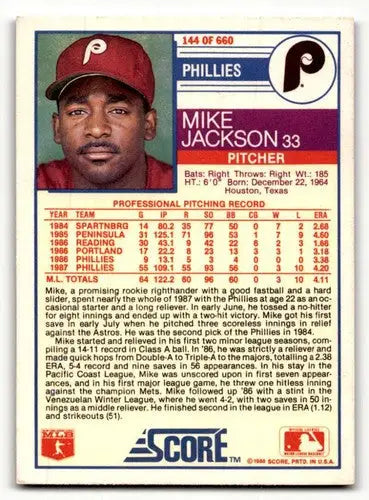 1988 Score #144 Mike Jackson Philadelphia Phillies Baseball Cards EX ID:54954 - Baseball Card Single