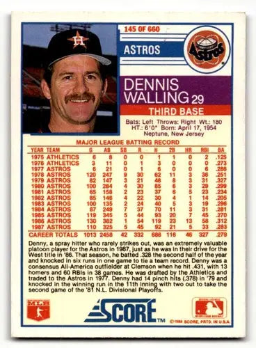 Original gloss Denny Walling Houston Astros baseball card from 1988 Score #145