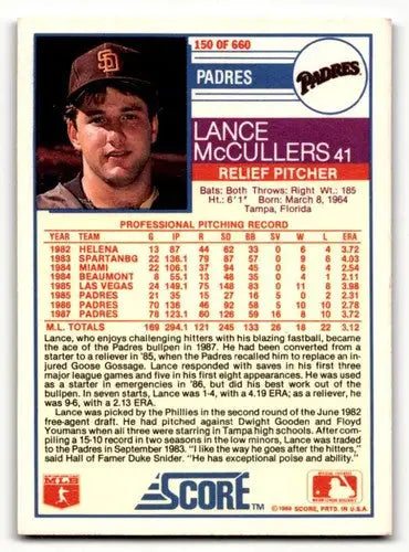 1988 Score #150 Lance McCullers San Diego Padres Baseball Cards EX/N ID:58472