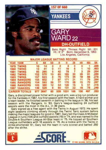 1988 Score #157 Gary Ward EX/NM Yankees ID:66728