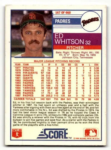 Ed Whitson San Diego Padres baseball card from 1988 Score #167 displaying player image