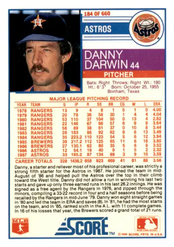 1988 Score #184 Danny Darwin EX/NM Astros ID:66730 - Baseball Card Single
