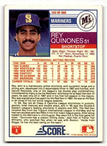 1988 Score #192 Rey Quinones Seattle Mariners Baseball Cards EX/NM ID:58476 - Baseball Card Single