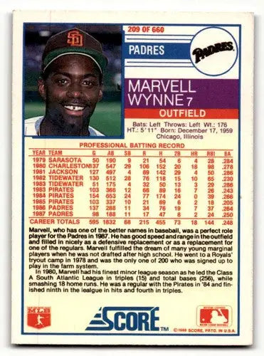 Original gloss Marvelle Wynne San Diego Padres baseball card 1988 Score #209