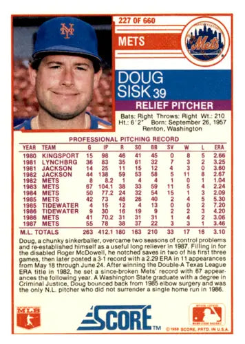 1988 Score #227 Doug Sisk EX/NM Mets ID:66734 - Baseball Card Single
